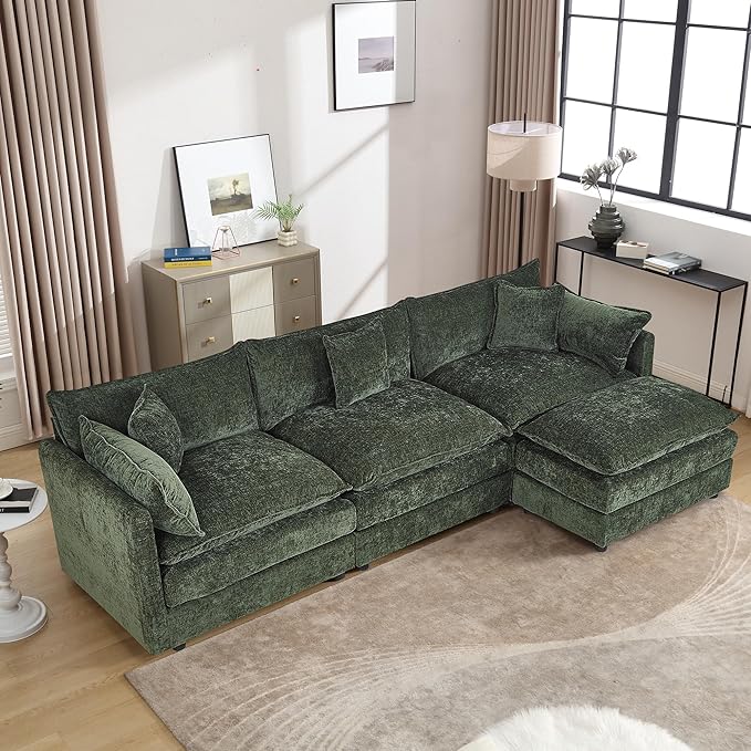 Setawix Deep 3 Seater Couch with Ottoman,112.2" L-Shaped Cloud Couches for Living Room,Chenille Cloud Sofa Couch with Deep Seat,Modular Sectional L Shape 3 Seat Sofa for Bedroom (Green, 3+1)