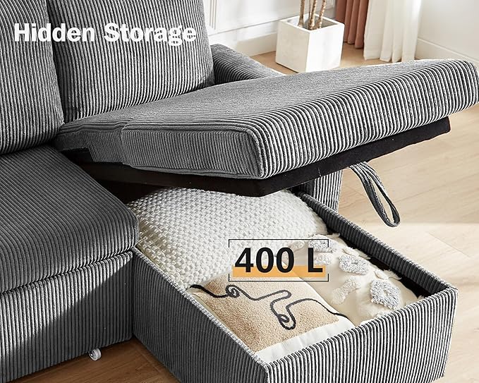 Vipbear 80" Sectional Sleeper Sofa Bed with Pull Out Bed, L Shaped Couch Pull Out Couch with Reclining Backrest, Reversible Storage Chaise, USB Ports, Tool-Free Assembly, Corduroy Dark Grey