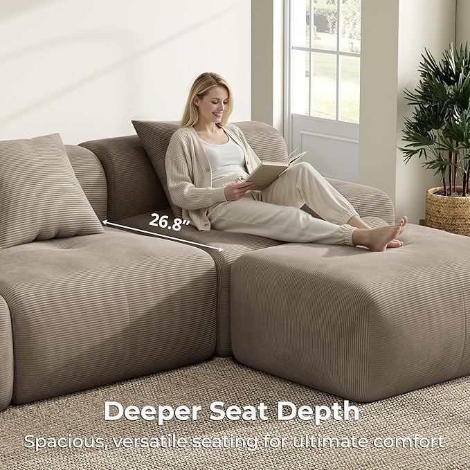 LIKIMIO LumiCord Modular Sectional Sofa with Ottoman, 118" L-Shaped Boneless Couch for Living Room, Oversized Deep Seat with Corduroy Upholstery, No Assembly Required, Light Brown