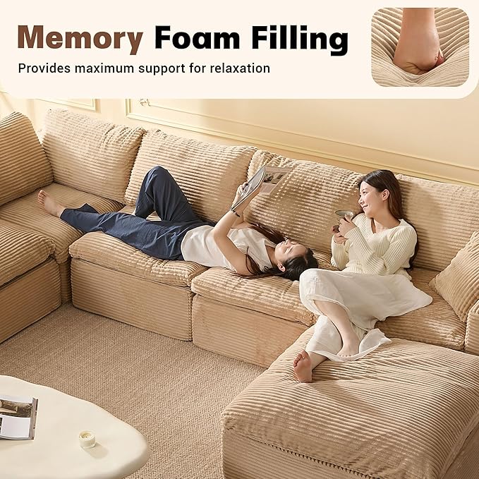 137.8” Sectional Couches for Living Room, Set of Cloud Couch, Modular Sectional Sofa, Convertible Sofas Bed, Deep Seat Sofa, Sleeper Sofa Full Size, Corduroy, Camel