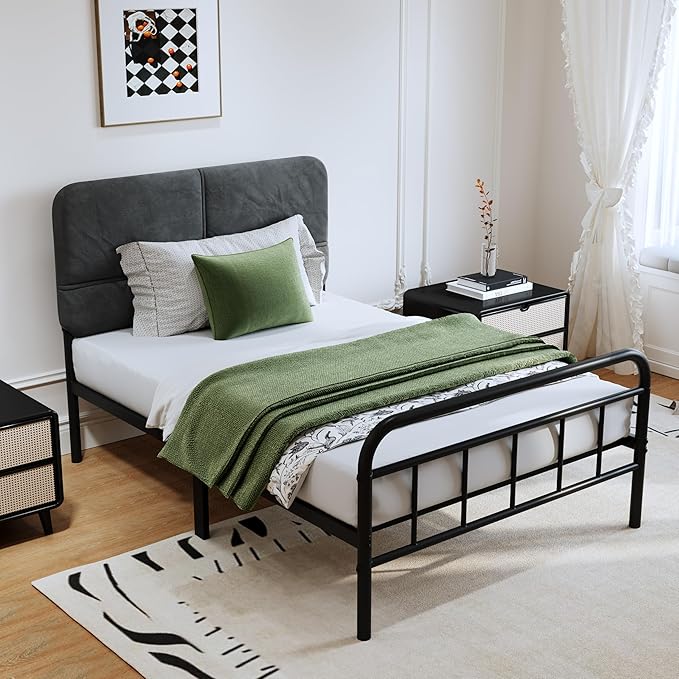 14Inch Metal Bed Frame,Twin Size Bed Frame with Upholstered Headboard,Heavy Duty Sturdy Mattress Foundation,Easy Assembly,No Box Spring Needed,Grey-Twin