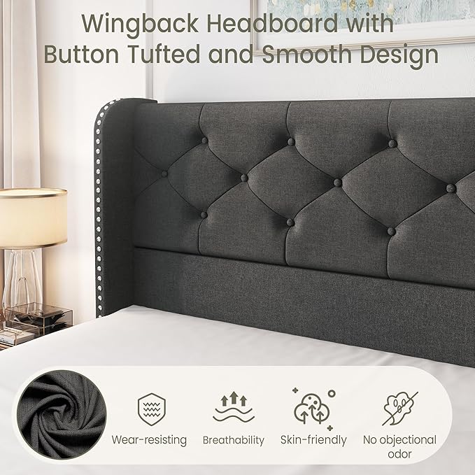 LARMACE Full Size Bed Frame with 4 Storage Drawers and 47.2" Tall Wingback Headboard Linen Upholstered Platform Bed Frame Tufted Beds with Wooden Slats Support, Easy Assembly, Dark Grey