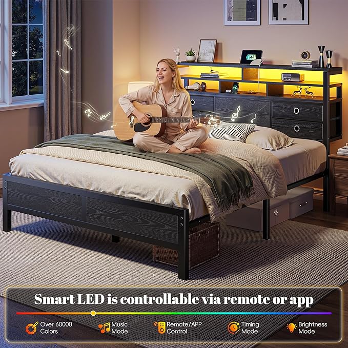 Homkdom Full Size Bed Frame with 2-Tier Storage Headboard and 4 Drawers,Bed Frame Full with LED Lights & Charging Ports,13.6" Under Bed Storage,Metal Full Bed 1100LBS Heavy Duty,No Noise,Modern Black