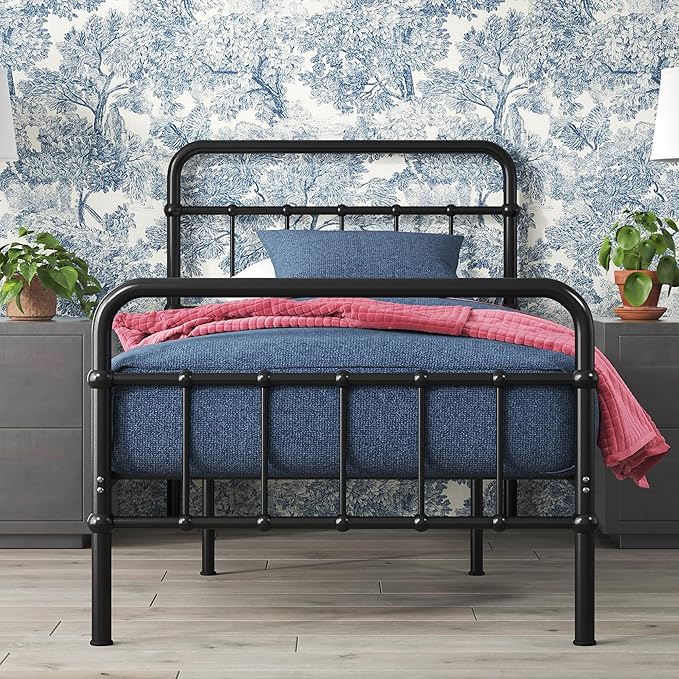 Zinus Florence Full Panel Metal Platform Bed Frame, Mattress Foundation, No Box Spring Needed, Easy Assembly, Black, Twin