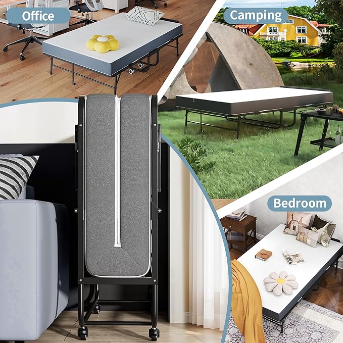 Folding Bed, 74"x46" Portable Beds for Adults, Heavy Duty Sturdy Metal Frame, Foldable Bed on Wheels for Twin Size, Space Saving Rollaway Bed for Guest Easy Storage (Headboard)