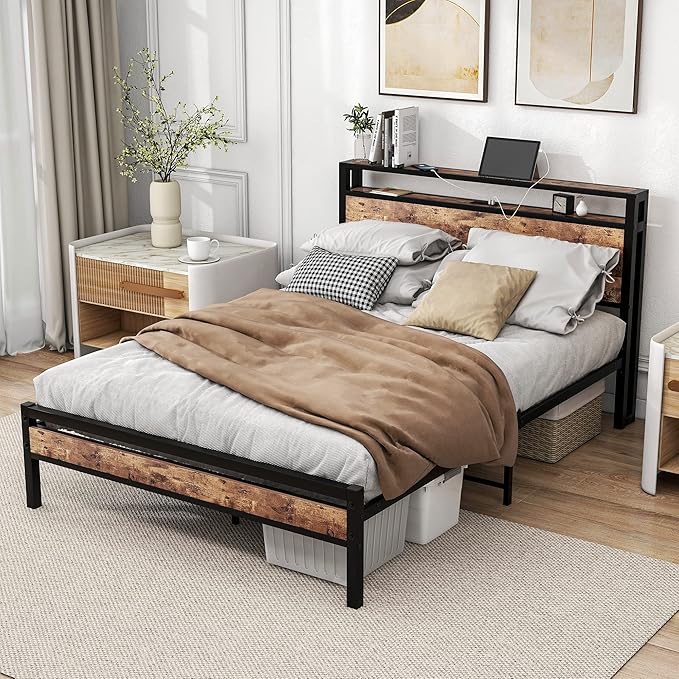BOFENG Full Size Bed Frame with Storage Headboard,USB Charging Station,Metal Platform Double Bed Frame Full Size,Reinforced Steel Slats Support,No Box Spring Needed,Noise Free,Rustic Brown