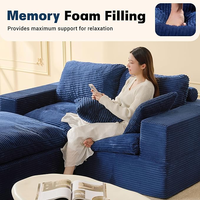 74.8” Set of Cloud Couch, Modular Loveseat Sofa, Convertible Sofas Bed, Deep Seat Sofa, Cozy Sofa for Living Room, Office and Bedroom, L Shaped Cozy Sofa Furniture Set, Corduroy, Blue