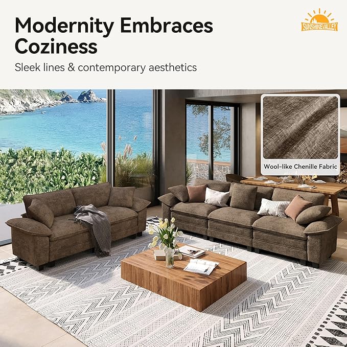 3 Piece Living Room Sofa Furniture Set, Chenille Modular Loveseat, Cloud Chair, and 3-Seat Couch with Pillow, Oversized 6-Seat Modern Sectional Deep Sofa for Apartment, Taupe