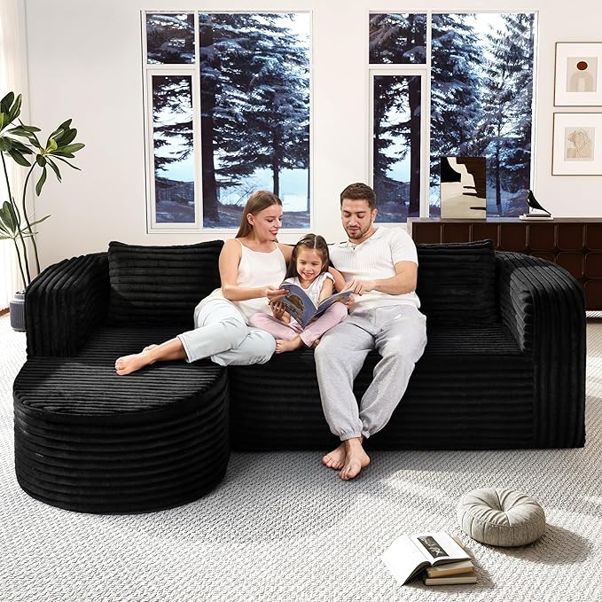 Hobestluk 96" Cloud Sectional Couch Modern Boneless Couch 3 Seater with Oversized Chaise L Shaped Modular Sofa Couches for Living Room Apartment No Assembly Required (Stripe Black,Left Facing Chaise)