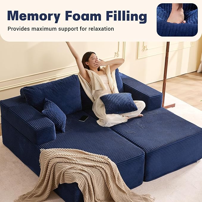 Chaise Lounge Chair, Boneless Couch for Living Room and Bedroom, Set of Sleeper Couches Reading Chairs, Corduroy, Blue