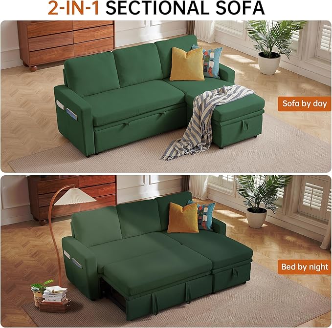 79" Sleeper Sofa Bed, 3-in-1 Convertible Sofa Pull Out Couch with Storage | Reversible Chaise | L Shaped | Layered Storage | 3-Seater Comfy Sectional Couch Pullout Bed for Living Room