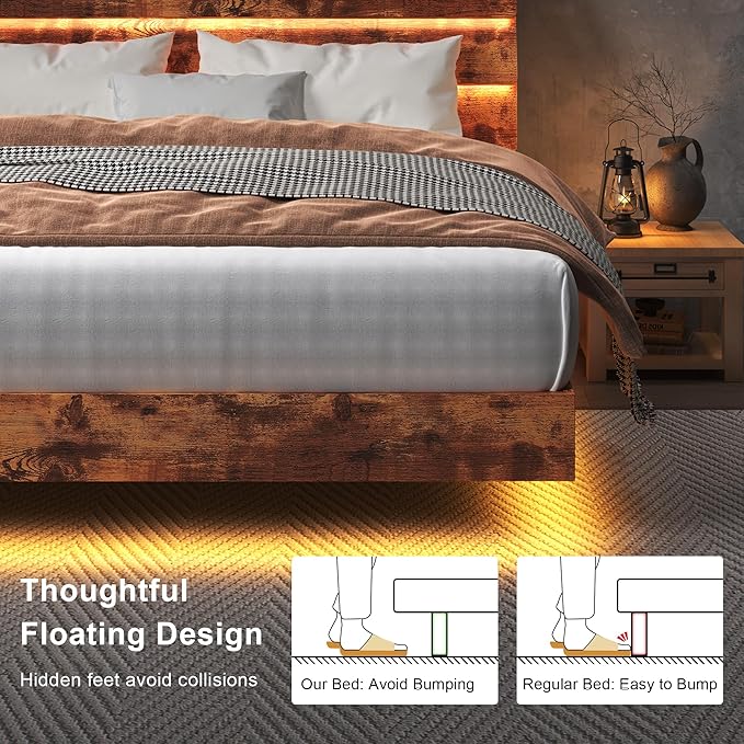 Feonase Floating Bed Frame King with Led Lights and Charging Station, Wood Full Size Bed Frame with Storage Headboard, Heavy Duty Metal Slats, No Box Spring Needed, Easy Assembly,Vintage Brown