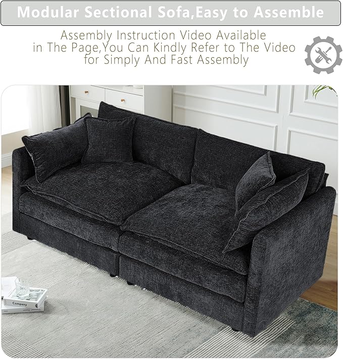 Setawix Chenille Loveseat Sofa Couch with Deep Seat,Large 2 Seater Cloud Couches for Living Room,77.16" Roomy Cloud Sofas,Modular Sectional 2 Seat Sofa with Pillows for Bedroom. (Black, 2 Seater)