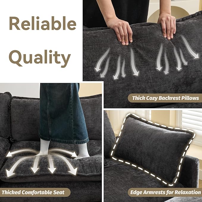 76'' Cloud Deep Seat Loveseat, Upholstered Chenille Modular 2-Seats Sectional Sofa Couch, Modern Comfy Settee Loveseat for Living Room Set, Small Apartment, Dark Grey