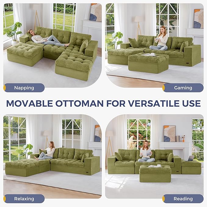 MAXYOYO 104" U Shaped Modular Sectional Sofa with 2 Ottomans, Cloud Boneless Couch with Layered Cushion, Flexible Module Combination Sofa for Living Room, No Assembly Required, Green