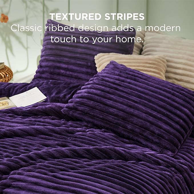 Bedsure Twin/Twin XL Size Comforter - GentleSoft™ 2 Pieces Double-Side Fleece Fluffy Purple Comforter Set, Cozy Striped Room Decor Aesthetic Luxury Twin Bedding Sets, 1 Pillowcase, 68x88 Inches