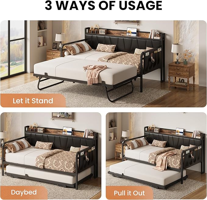 LIKIMIO Daybed with Trundle Bed, Twin Bed Frame with Storage Headboard and Charging Station, Sofa Day Bed with Strong Supports for Living Room, Bedroom, and Guest Room, Black