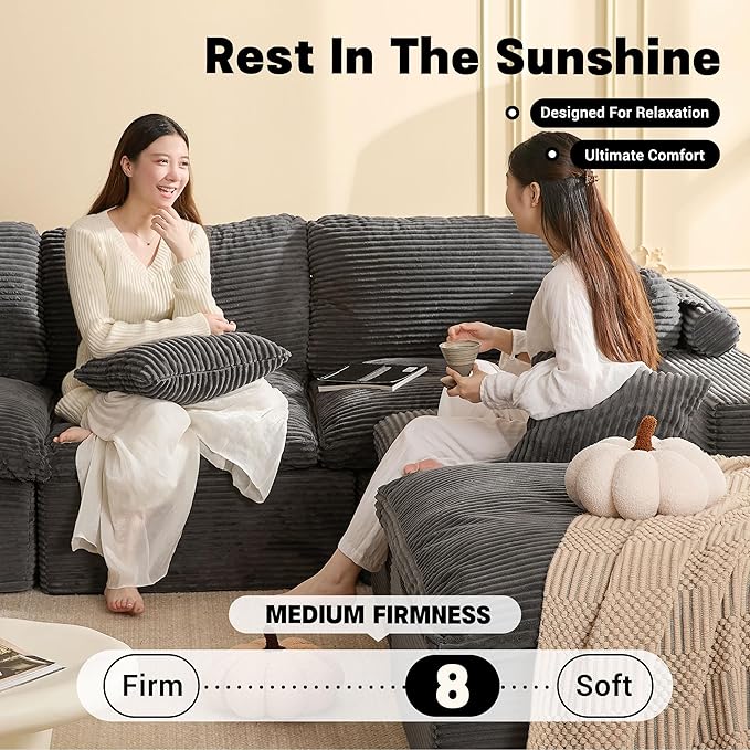 137.8” Sectional Couches for Living Room, Set of Cloud Couch, Modular Sectional Sofa, Convertible Sofas Bed, Deep Seat Sofa, U Shaped Cozy Sofa Furniture Set, Corduroy, Gray