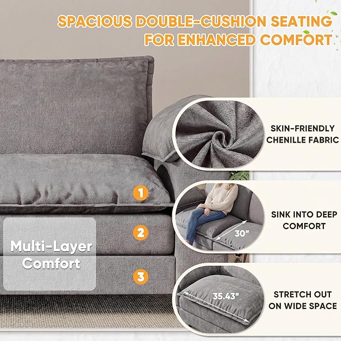 232.28'' Oversized U Shaped Couch, Modular Sectional Sofa with 2 Movable Ottoman, Chenille Cloud Couches with Double Layer Cushion, Thick Cushions Couches for Living Room (Light Grey, Oversized Sofa)