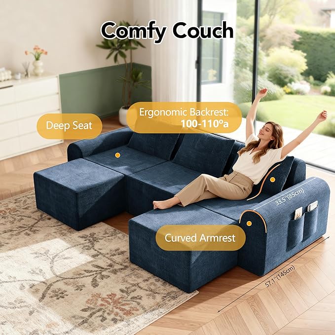 86.6" Cloud Boneless Sectional Sofa for Living Room, 3-Seater Modular Couch for Small Apartments with 2 Ottomans, Deep Seat Chenille Fabric Sofa, No Assembly Required, 72H Full Restore, Blue