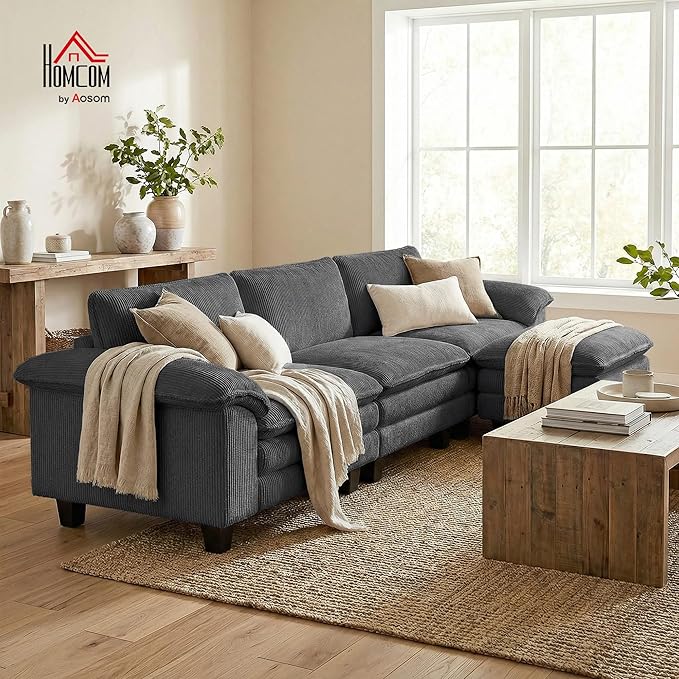 HOMCOM Modular Sectional Sofa Couch 124" Oversized L Shape Sectional Cloud Couch with Deep Seat, Movable Ottoman and Pillow-top Armrests for Living Room, Bedroom and Apartment, Dark Gray | Deep seat