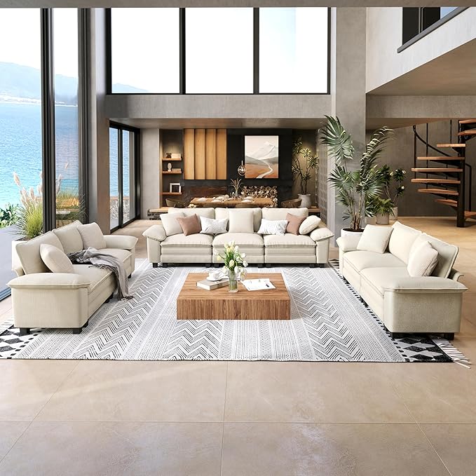 3 Piece Living Room Sofa Furniture Set, Chenille Modular 2 Loveseat and 3-Seat Couch with Wider Armrest and Pillow, 7-Seat Modern Sectional Cloud Deep Seat for Apartment, Beige
