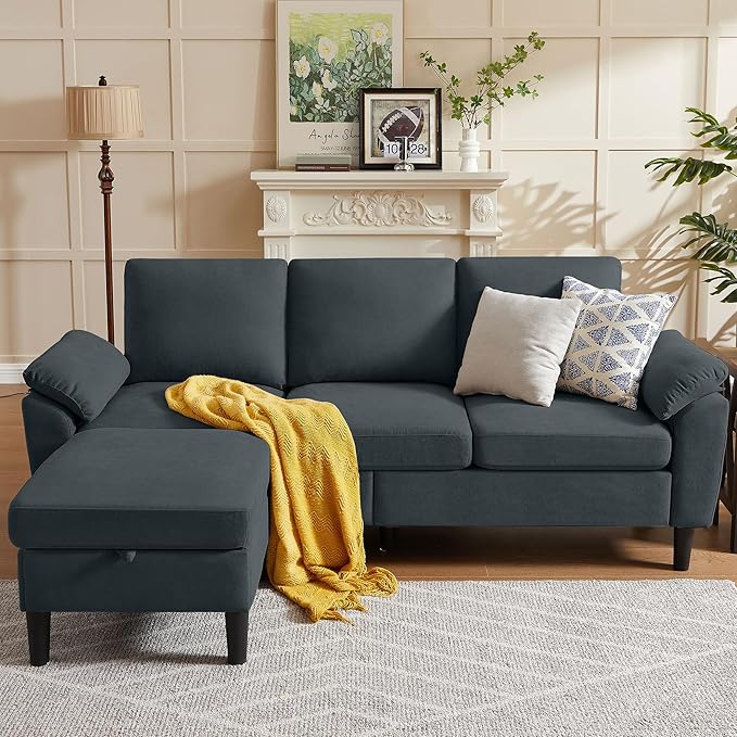 79" Convertible Sectional Sofa, Modern Linen Small L Shaped Couch with Reversible Chaise and Storage Ottoman, 3-Seat Sofa Couches for Living Room, Office, Apartment, Dark Grey