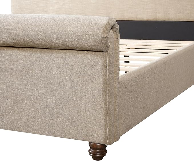 Christopher Knight Home Chenzi Linen Upholstered King Bed Frame and Headboard with Footboard, Wooden Platform King Size Bed Frame and Double-Layer Oval Legs, No Box Spring Needed, Sand Brown