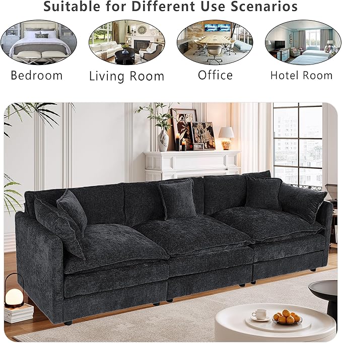 Setawix Chenille Cloud Couches for Living Room,3 Seater Cloud Sofa Couch with Deep Seat,112.2" Roomy Cloud Sofas,Modular Sectional 3 Seat Sofa with Pillows for Bedroom (Black, 3 Seater)