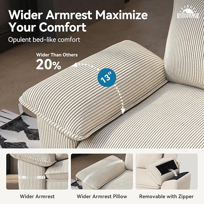 L Shaped Modular Cloud Couch, 123.6'' Comfy Corduroy Sectional Sofa with Wider Armrest and Ottoman, Upholstered 4-Seat Modern Deep Seat for Bedroom Living Room, Beige