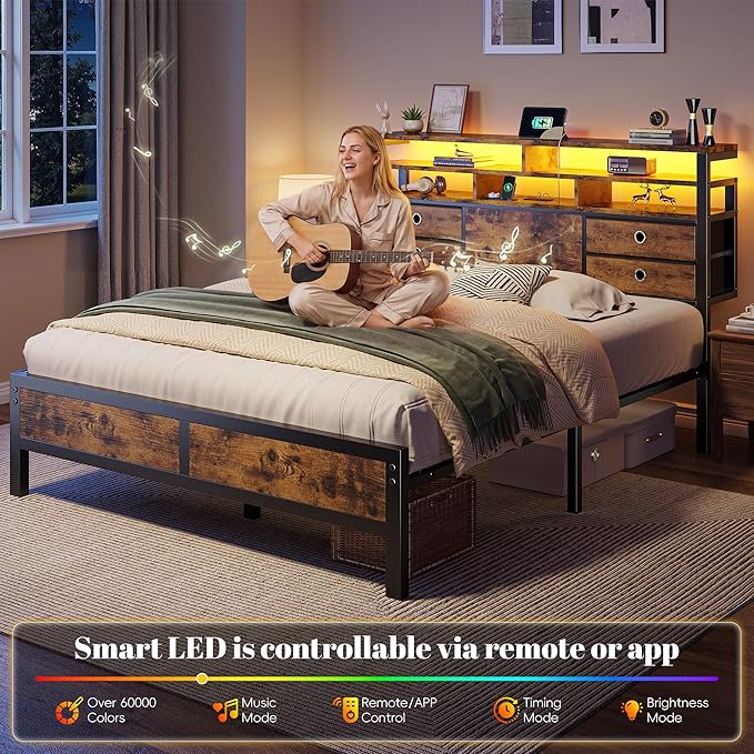 Homkdom Bed Frame Full with 2-Tier Storage Headboard and 4 Drawers,Metal Full Bed Frame with LED Lights & Charging Ports,13.6" Under Bed Storage,No Noise,for Apartment,Guest Room,Rustic Brown