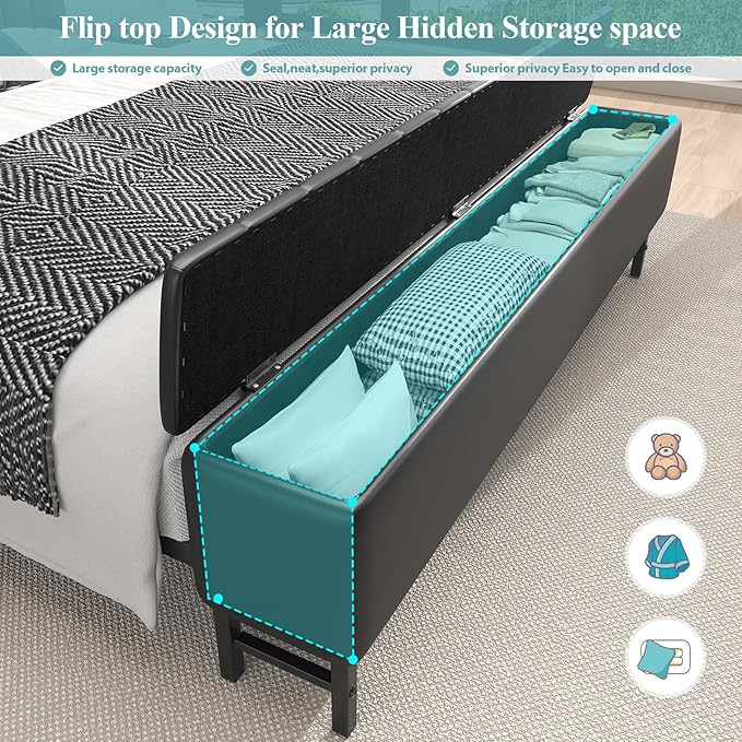 King Size Bed Frame with Star Projector & Charging Station, PU Leather Upholstered Platform with 2-Tier Storage Headboard & Storage Ottoman, Metal Support, Noise-Free, No Box Spring Needed, Black