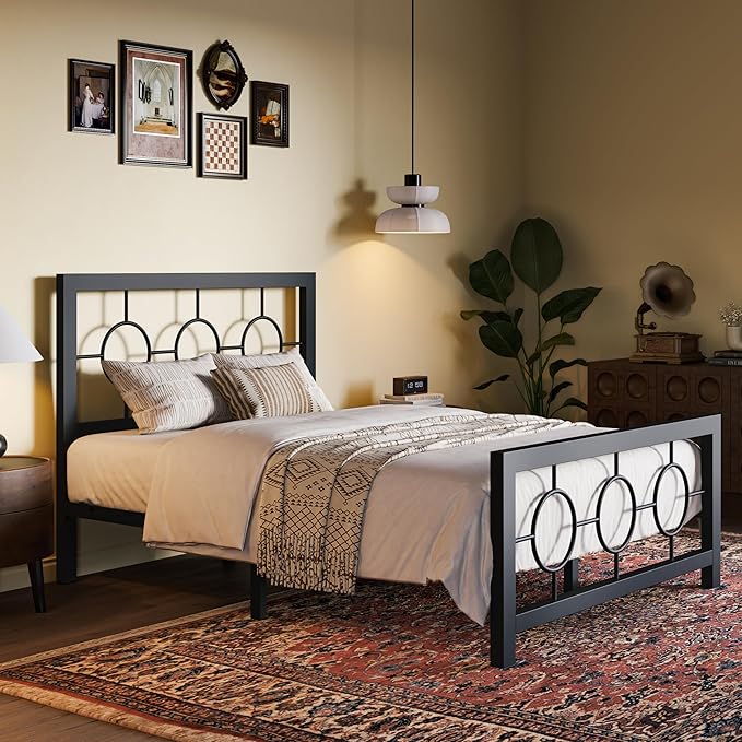SHA CERLIN Twin Metal Bed Frame with Vintage Circular Design Headboard and Footboard,No Box Spring Required,Easy Assembly,Noise-Free,Black