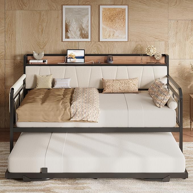 LIKIMIO Daybed with Trundle Bed, Twin Bed Frame with Storage Headboard and Charging Station, Sofa Day Bed with Strong Supports for Living Room, Bedroom, and Guest Room, Beige