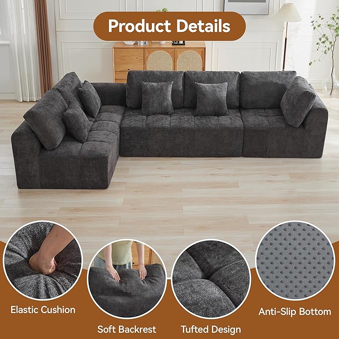 140''Modular Sectional Couches for Living Room, Cloud Boneless Compressed Sectional Sofa, Oversized L Shaped 5 Seater Upholstered Memory Foam Sofa, No Assembly, Chenille Grey