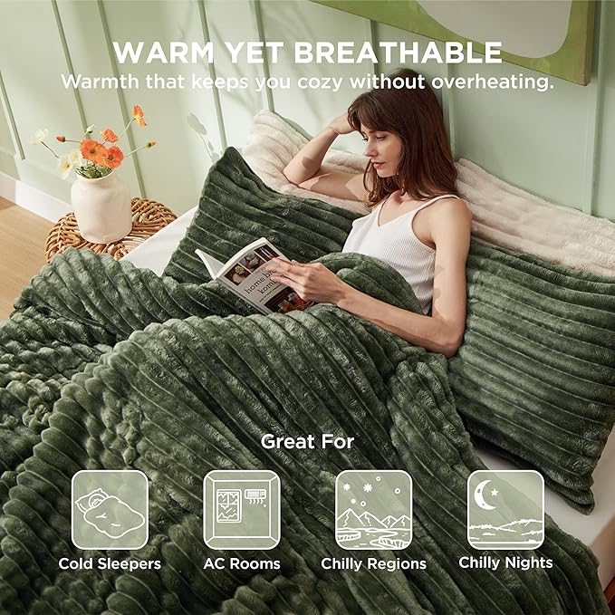 Bedsure Cal King Comforter Set - GentleSoft™ 3 Pieces Double-Side Fleece Fluffy Olive Green Comforter Set, Cozy Striped Room Decor Aesthetic, Luxury Cal King Bedding, 2 Pillowcases, 104x96 Inches