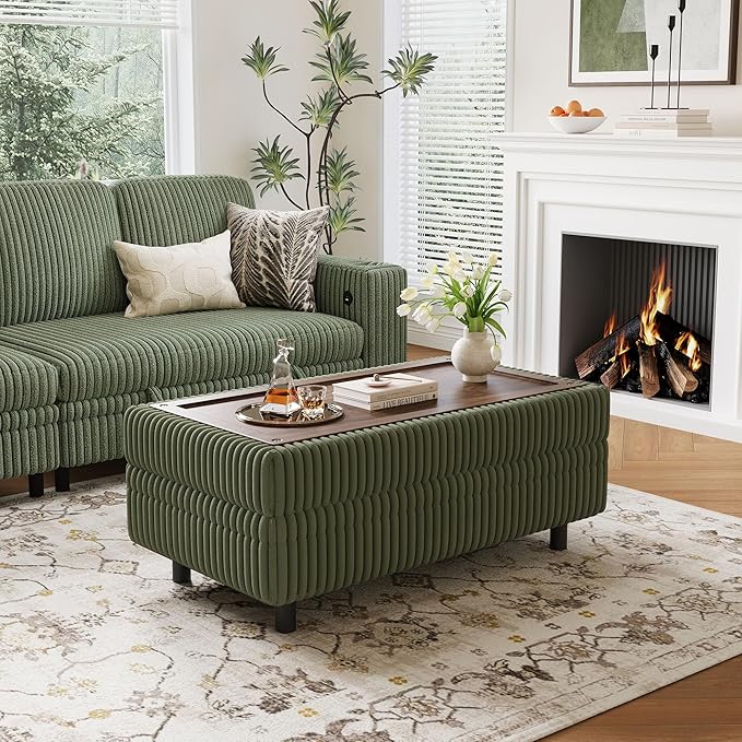 LINSY HOME Sectional Sleeper Sofa - Modular Ottoman Module (Green, Sleeper Sofa Ottoman) | Storage, Convertible, Coffee Table, Plush Corduroy