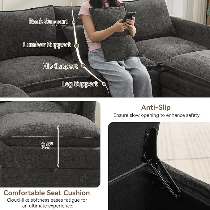 80" Cloud Modular 3 Seater Sofa with 2 Storage Ottoman, Modern Storage Sofa Couch Deep Seat, U Shape Sectional Sofa Chenille Comfy Couch with Armrests for Living Room, Small Space, Dark Grey | Modular Sofa, Storage Ottoman, Upholstered Sofa, Sectional ...