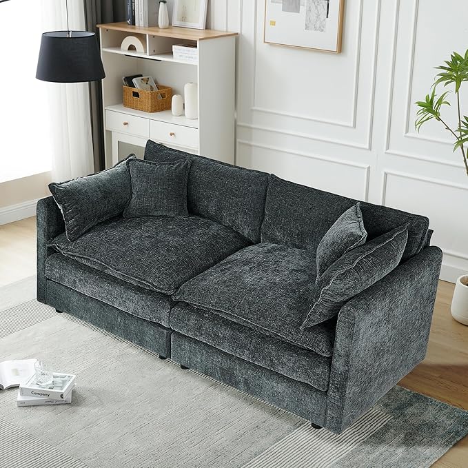 Setawix Chenille Loveseat Sofa Couch with Deep Seat,Large 2 Seater Cloud Couches for Living Room,77.16" Roomy Cloud Sofas,Modular Sectional 2 Seat Sofa with Pillows for Bedroom. (Grey, 2 Seater)