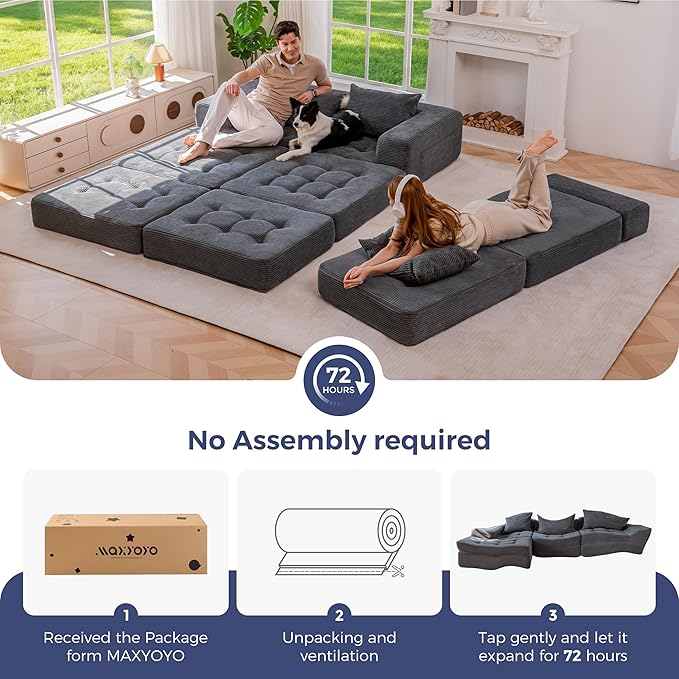 MAXYOYO Modular Sectional Sofa Couch, Foldable L-Shaped Folding Sofa Bed with Ottoman, Convertible Sectional Couch Corded Tufted Floor Sofa Lounger with Pillows for Living Room, No Assembly, Dark Grey