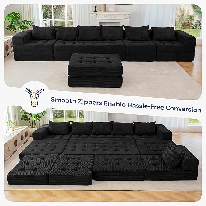 MAXYOYO Modular Sectional Sofa Couch, Foldable U Shaped Cloud Couch with Pillows, Tufted 7-Seat Boneless Sleeper Lounger Floor Sofa Bed for Living Room, No Assembly Required, Black