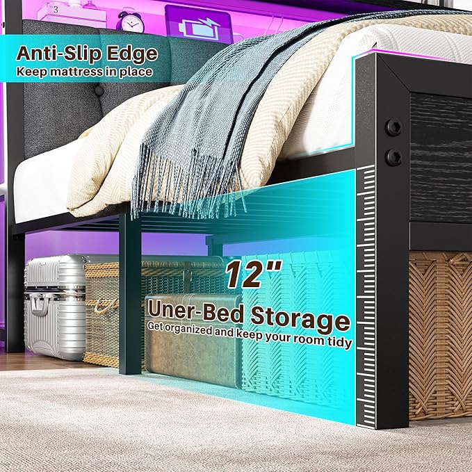 Homkdom Full Size Bed Frame Smart RGB LED Lights, Grey Upholstered Headboard with Charging Station Type C&2-Tier Storage Shelves,12" Under-Bed Storage, Noise-Free,Easy Assembly,Black