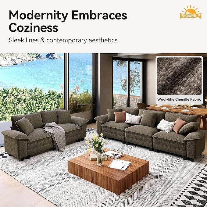 2 Piece Living Room Sofa Furniture Set, Chenille Modular Loveseat and Cloud Chair with Wider Armrest and Pillow, Oversized 3-Seat Modern Deep Sectional Couch for Apartmen, Smoky Grey