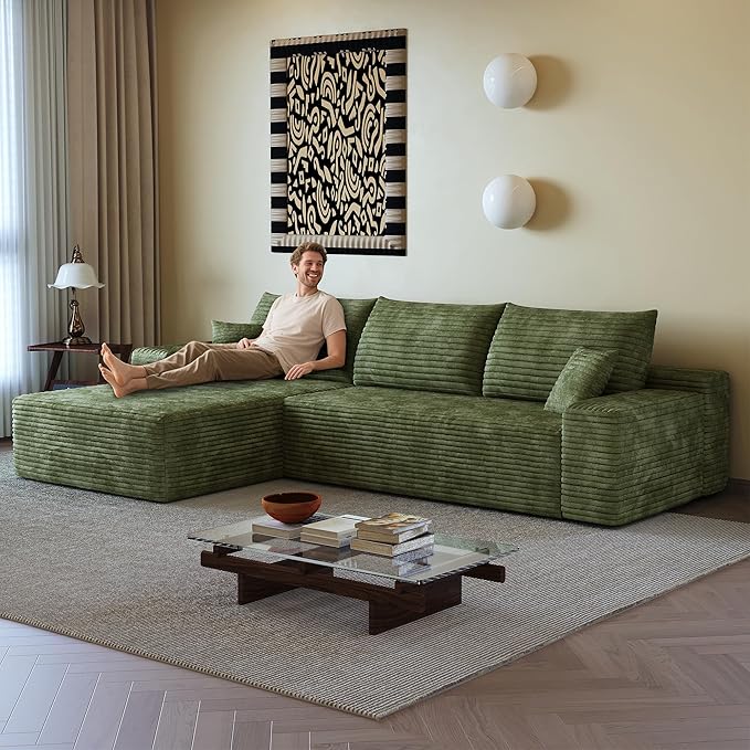 108" Sectional Couches for Living Room Cloud Couch Sofa with L-Shape Upholstered Boneless Couchs Modern Modular Sectional Couch with Chaise (Green, 108" Left Facing Chaise+2Seaters)