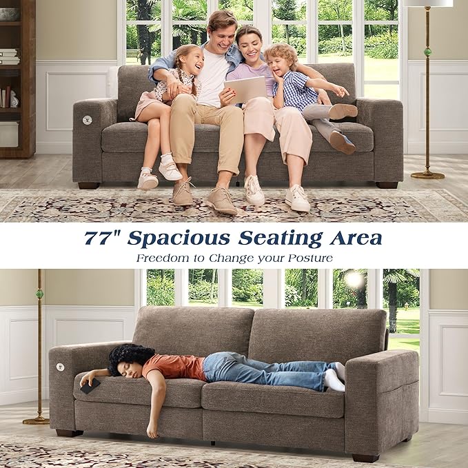 WorthFurni Sofas for Living Room, Chenille Loveseat Couch Set, Small Sofa, 3 Seater Sofa, USB Charging, Removable Sofa Cover,Solid Wood Frame, Easy to Install(89inch,Brown)