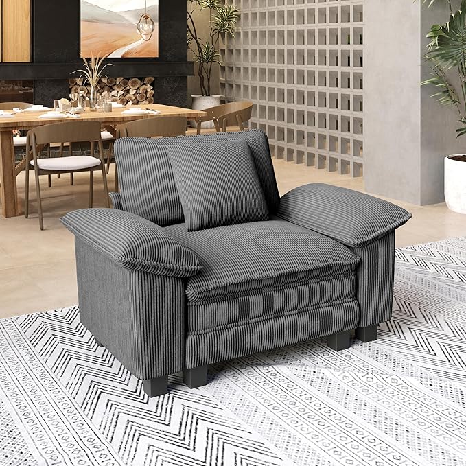 53.5'' Oversized Accent Chair, Corduroy Single Seat Modular Sofa Chair with Wider Armrest and Pillow, Modern Cloud Deep Seat Armchair for Bedroom Living Room, Grey
