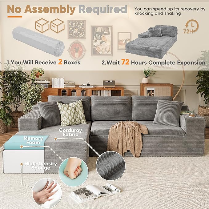 Homall 109" Boneless Couch with Memory Foam, Modular Sectional Sofa with L-Shape Chaise, Cloud Couch with Deep Seat, Dual Cup Holders & Side Pockets, No Assembly Required (Gray)