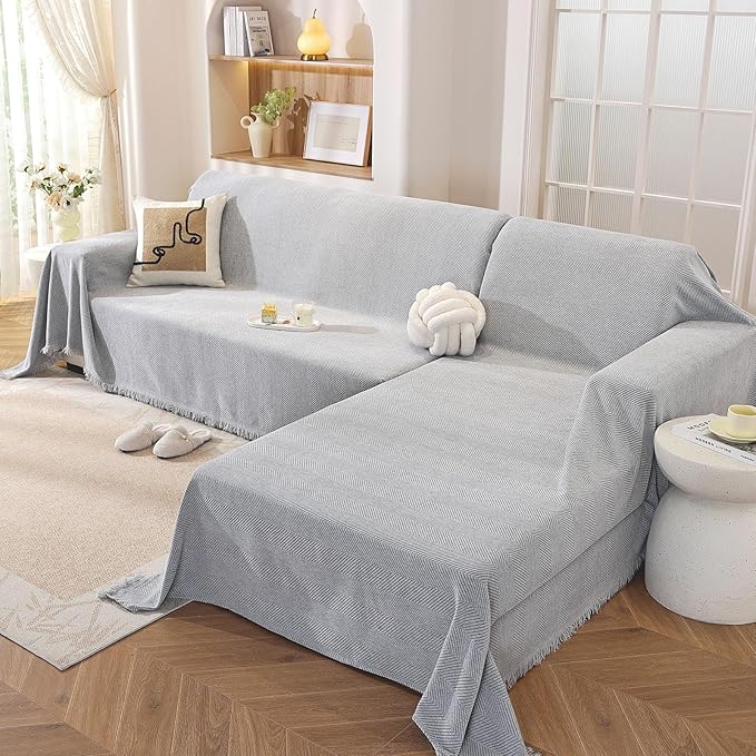 OstepDecor Sectional Couch Covers 2 Pieces, L Shaped Couch Cover Blanket, Sectional Sofa Cover Washable, Chaise Lounge Sofa Slipcovers Pet Furniture Protector for Dogs (71"x102"+71"x118", Light Grey)