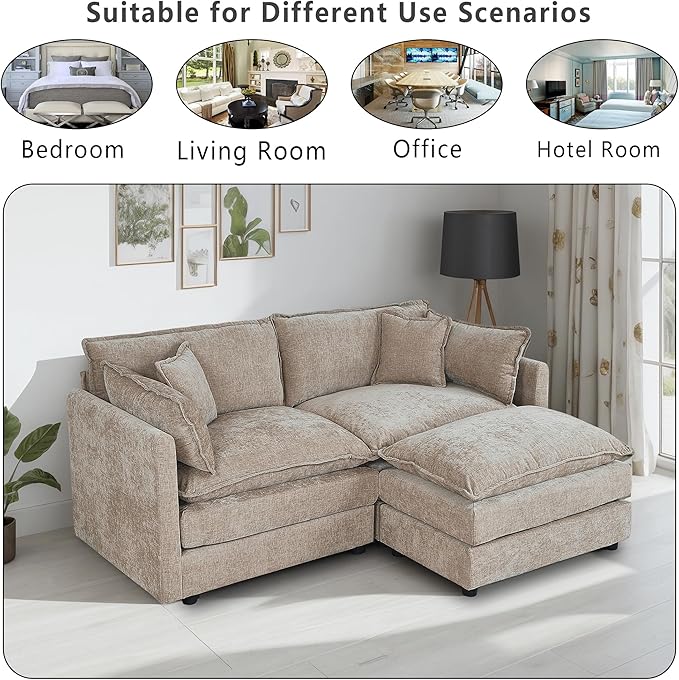 Setawix Deep Loveseat Couch with Ottoman,Large L-Shaped 2 Seater Cloud Couches for Living Room,77.16" Chenille Cloud Sofas with Deep Seat,Modular Sectional 2 Seat Sofa for Bedroom (Coffee, 2+1)