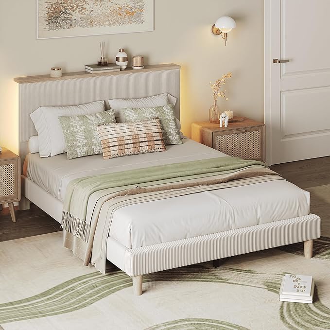 Bestier Full Bed Frame with Adjustable Headboard & LED Lighting, Corduroy Upholstered Platform Bed Frame with Storage Shelf, Solid Wood Slats, No Box Spring Needed, Never Squeak, Easy Assembly, Beige